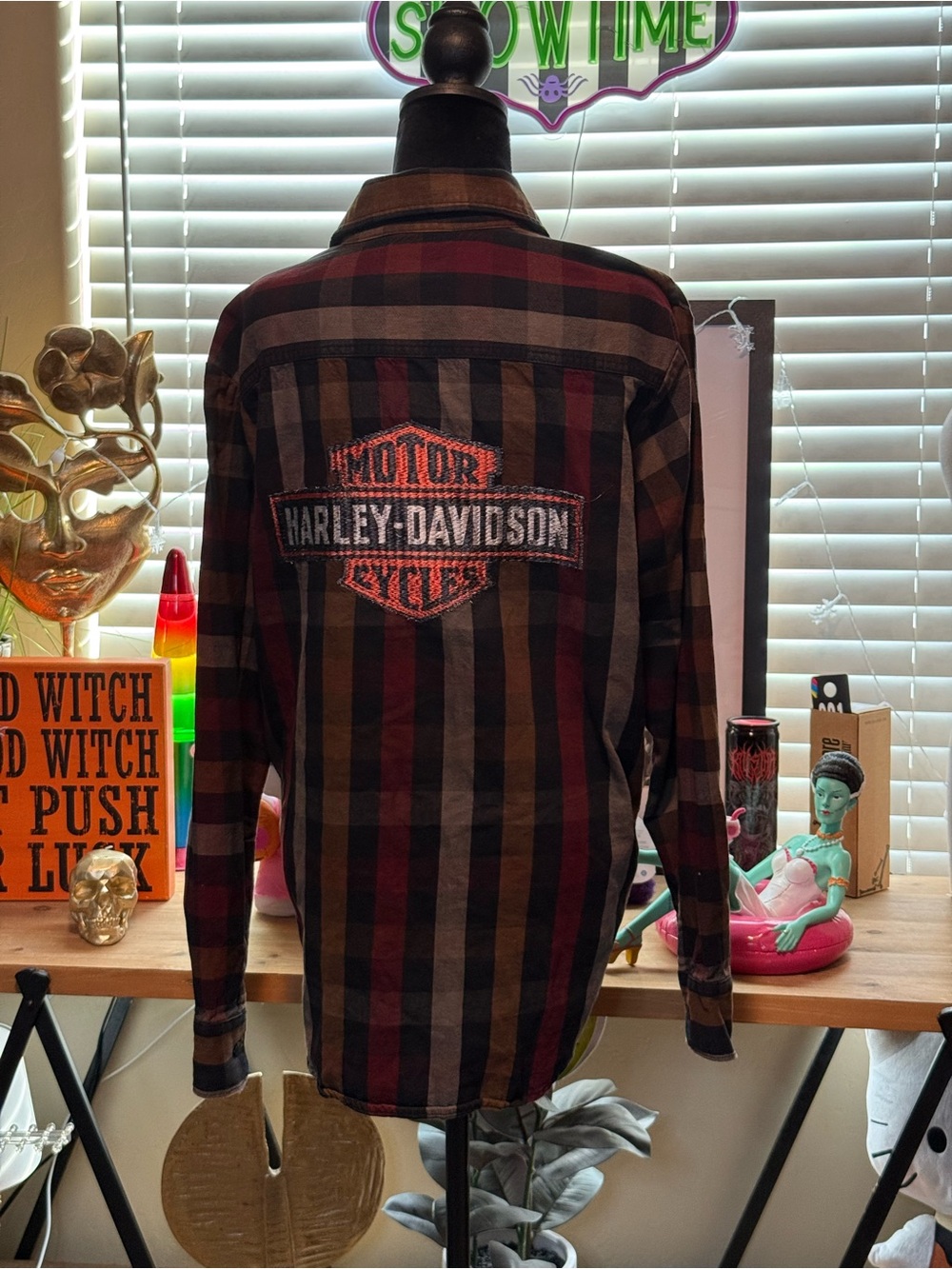 Harley-Davidson Orange and brown Plaid embroidered flannel Shirt with Logo